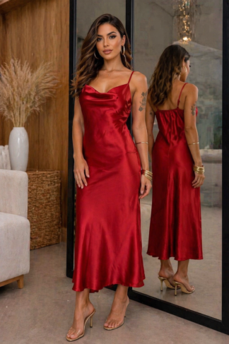 2367 Vestido decote boba chic alça fina cetim