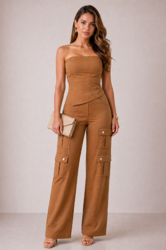 2921 Conjunto blusa tomara que caia assimétrica e calça wide leg 4 bolsos cargo alfaiataria