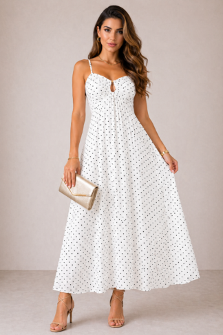 2361 Vestido Adriana longo decote argola alça fina poá