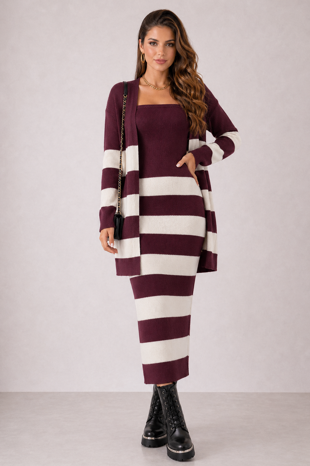 2503 Conjunto Paula max cardigan e vestido tomara que caia midi tricô