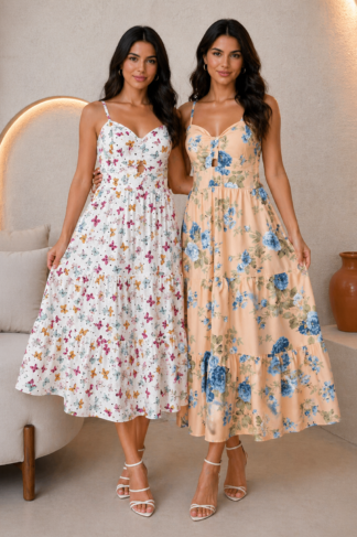 2587 Vestido Ruly midi regata alça fina decote laço estampado