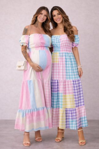 1371 Vestido Caua ciganinha ombro a ombro manga curta xadrez listrado