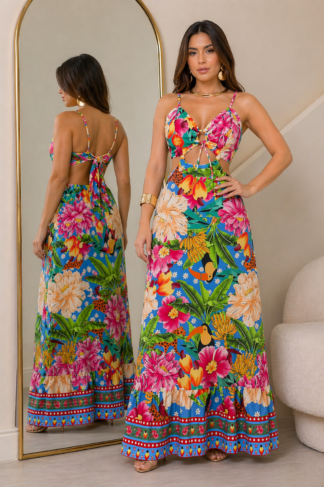 1772 Vestido longo tropical com amarração nas costas inspiração Farm estampado