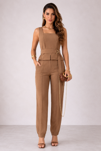 2864 Conjunto Diva blusa regata cinto faixa e calça alfaiataria