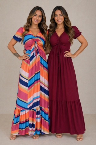 2879 Vestido Cida longo manga curta decote regulagem
