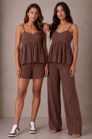 2177 Conjunto Eveli blusa regata bata e shorts calça listrado