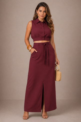 2083 Conjunto Emily cropped regata botão e saia midi fenda cinto faixa alfaiataria
