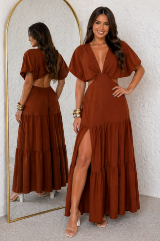 2397 Vestido longo manga curta borboleta decote V