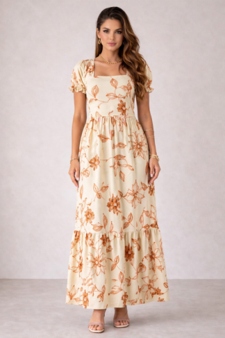 2139 Vestido Mayra longo manga curta bufante bordado