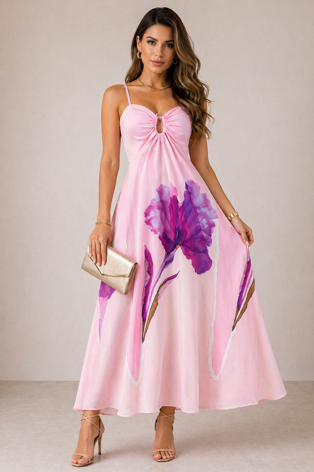 2932 Vestido Adriana longo regata alça fina decote fivela tulipa floral