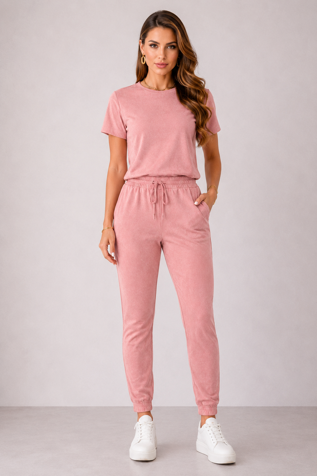 502 Conjunto Jasmin blusa t-shirt manga curta e calça estilo jogger suede