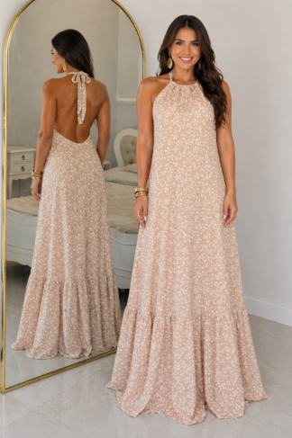 1970 Vestido Joeli longo costa nua frente única floral