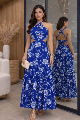 2973 Vestido longo decote balão frente única tropical estampado