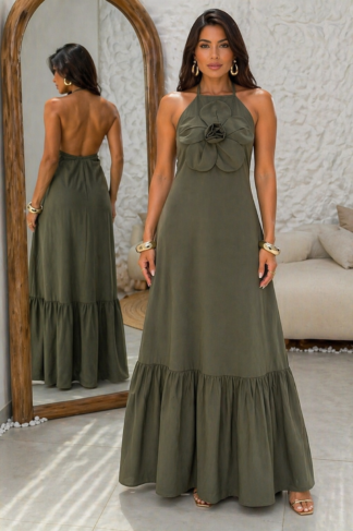 2628 Vestido Carol longo flor costa nua alfaiataria