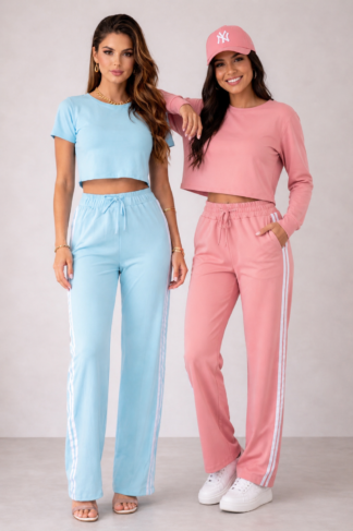 2801 Conjunto Aline blusa cropped manga curta e calça pantalona listra lateral moletom