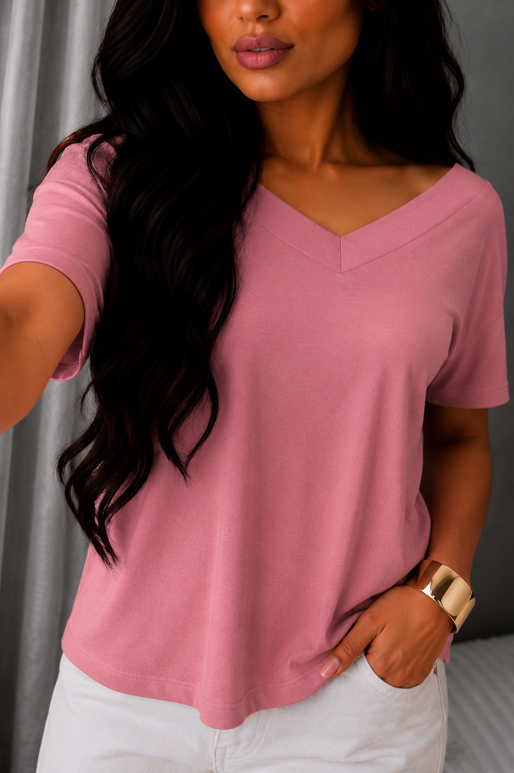 686 Blusa marea decote V ombro manga curta