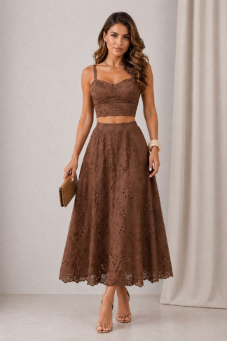 2115 Conjunto Sonia cropped alça fina e saia midi bolso bordado