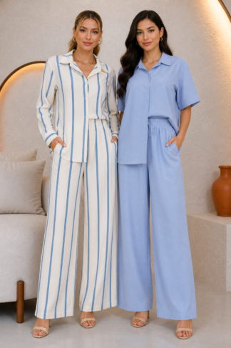 2831 Conjunto Sofia camisa botão manga curta e longa e calça pantalona