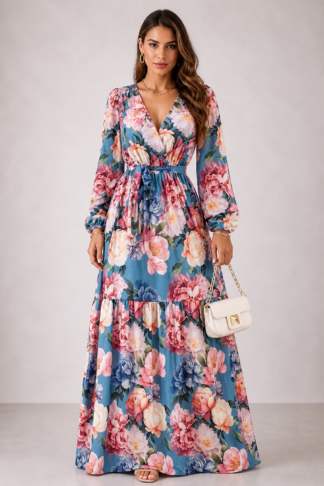 2118 Vestido Jaci longo transpassado manga longa floral