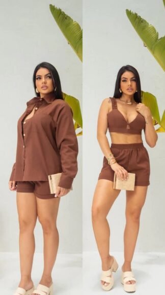 2604 Conjunto Ali 3 peças max camisa cropped e shorts linhão