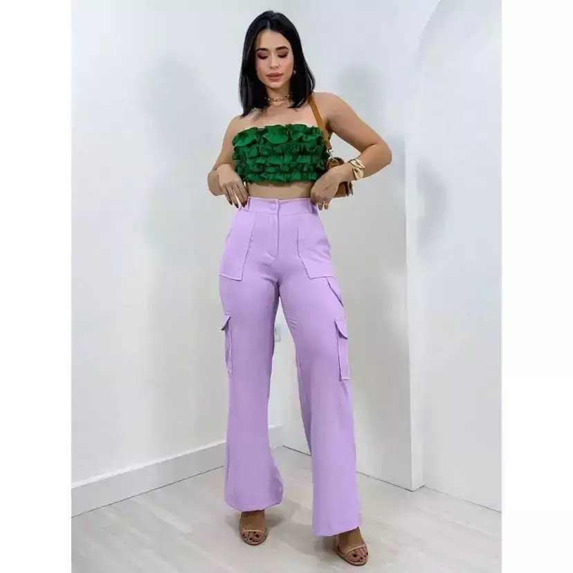1679 Calça wide leg pantalona cargo alfaiataria - Imagem 9
