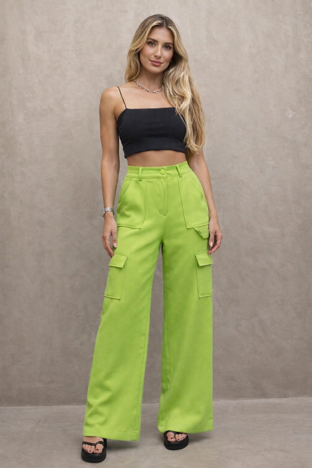 1679 Calça wide leg pantalona cargo alfaiataria