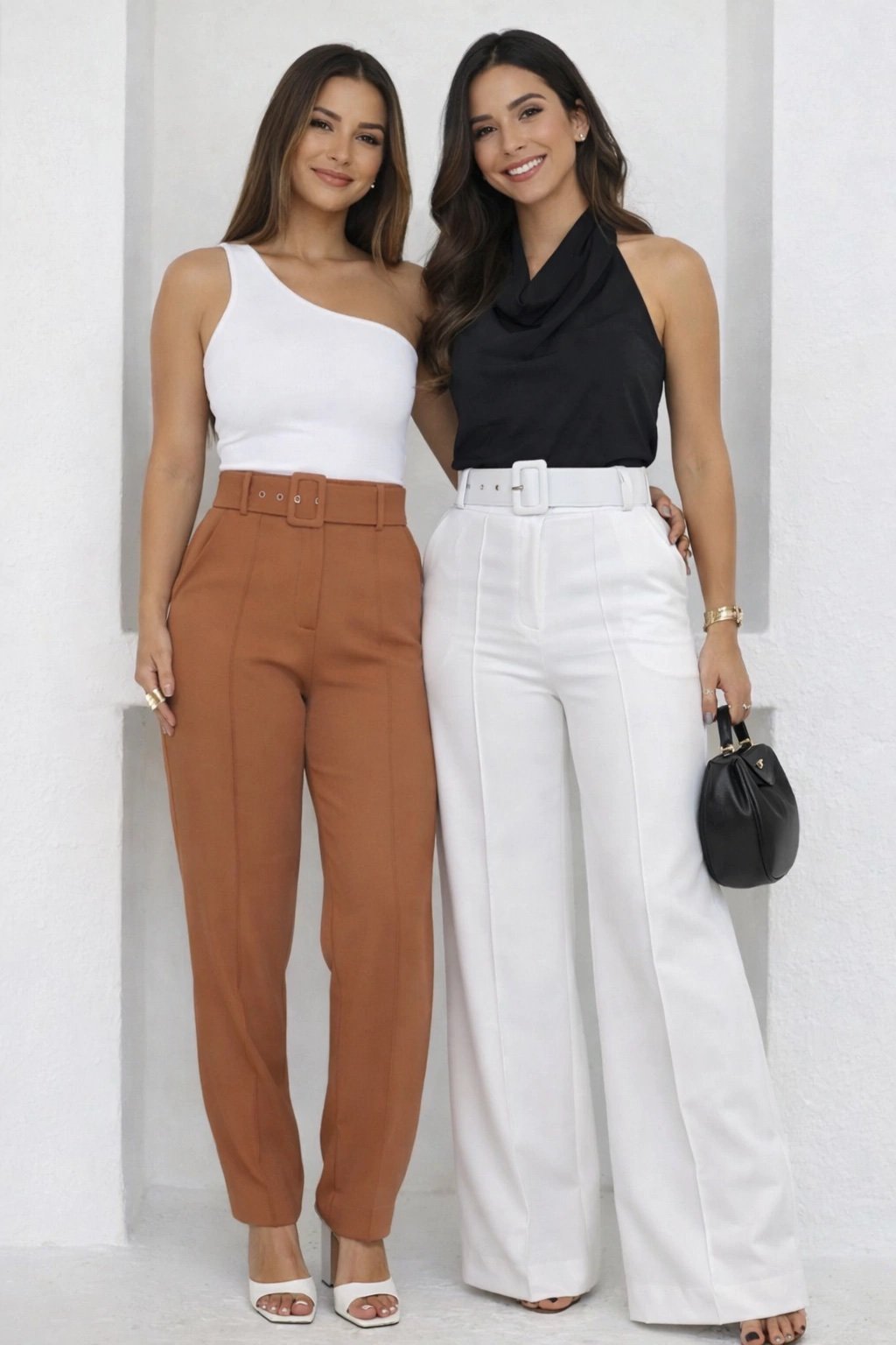 577 Calça skinny e pantalona cinto encapado alfaiataria