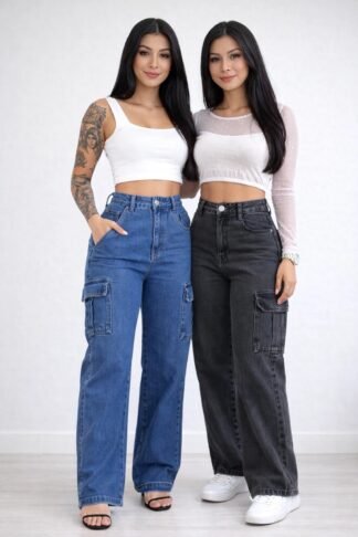 1823 Calça pantalona wide leg cargo jeans
