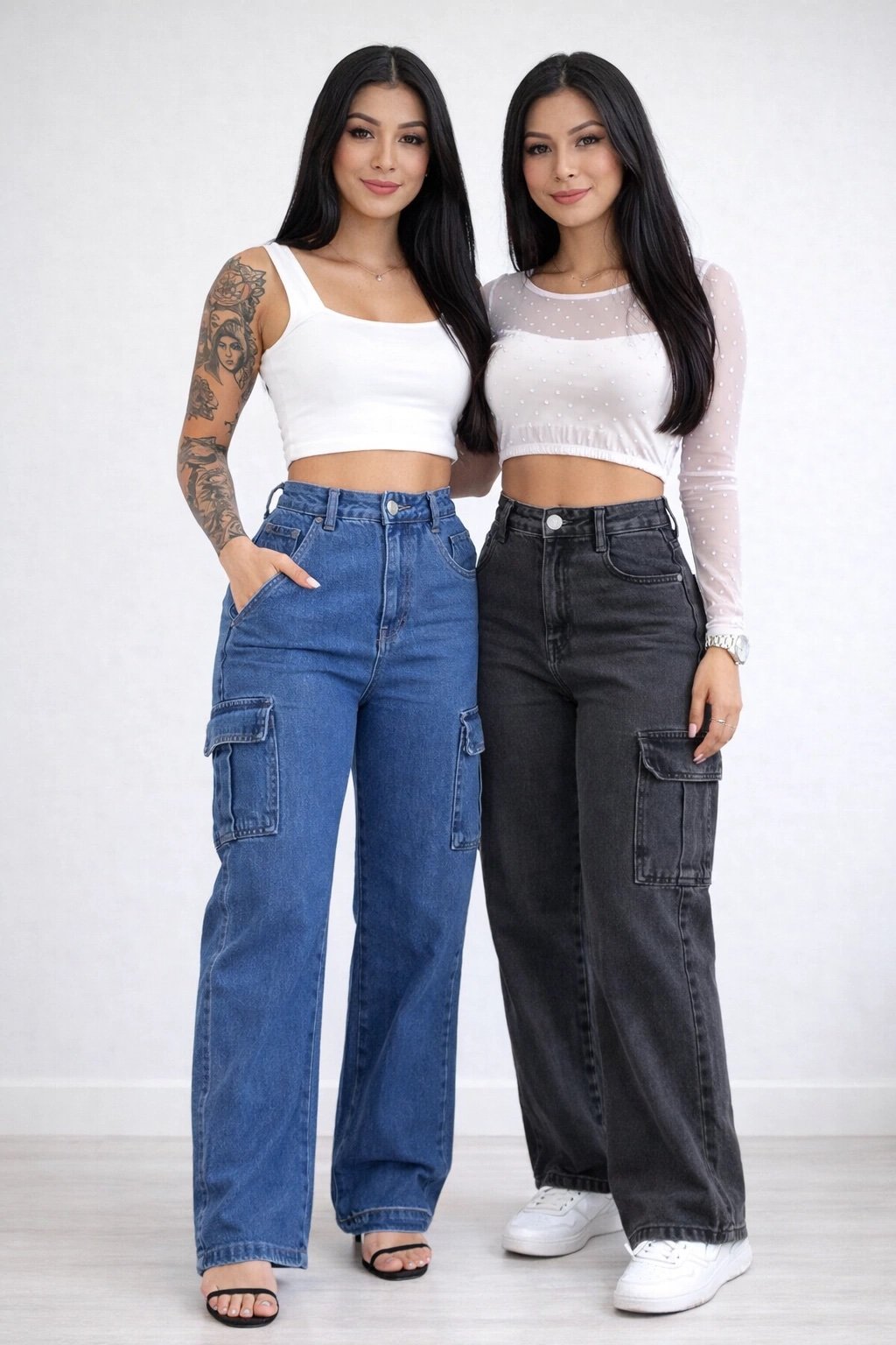 1823 Calça pantalona wide leg cargo jeans