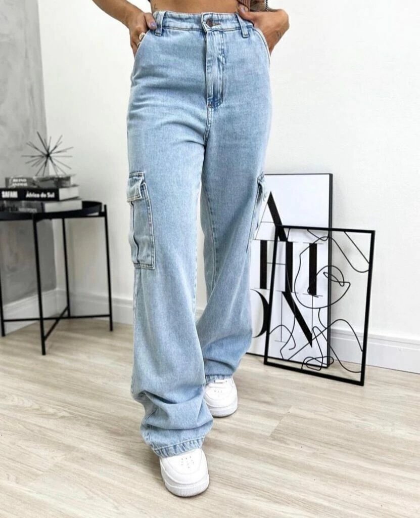 1823 Calça pantalona wide leg cargo jeans - Imagem 6