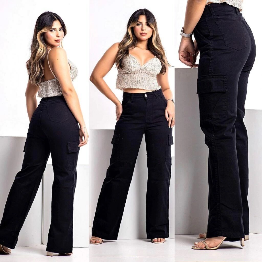 1823 Calça pantalona wide leg cargo jeans - Imagem 2