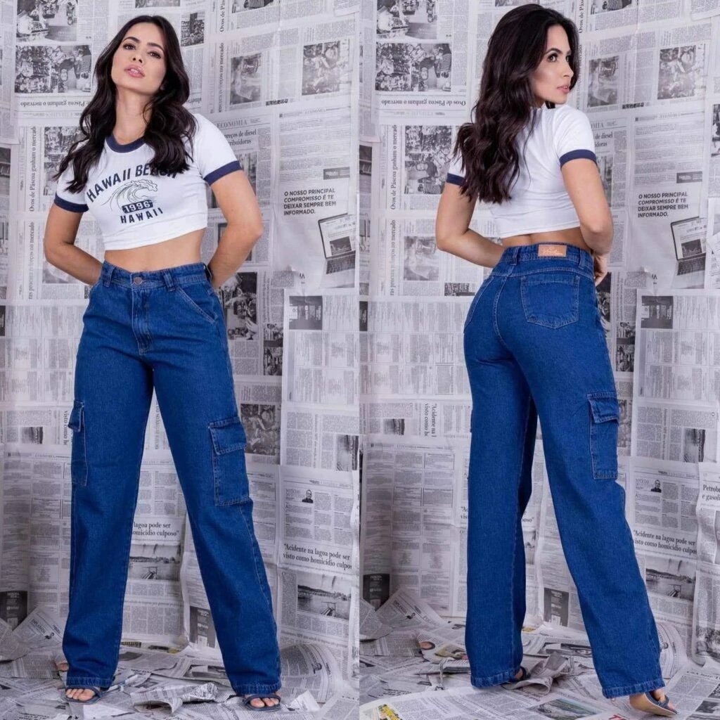 1823 Calça pantalona wide leg cargo jeans - Imagem 4