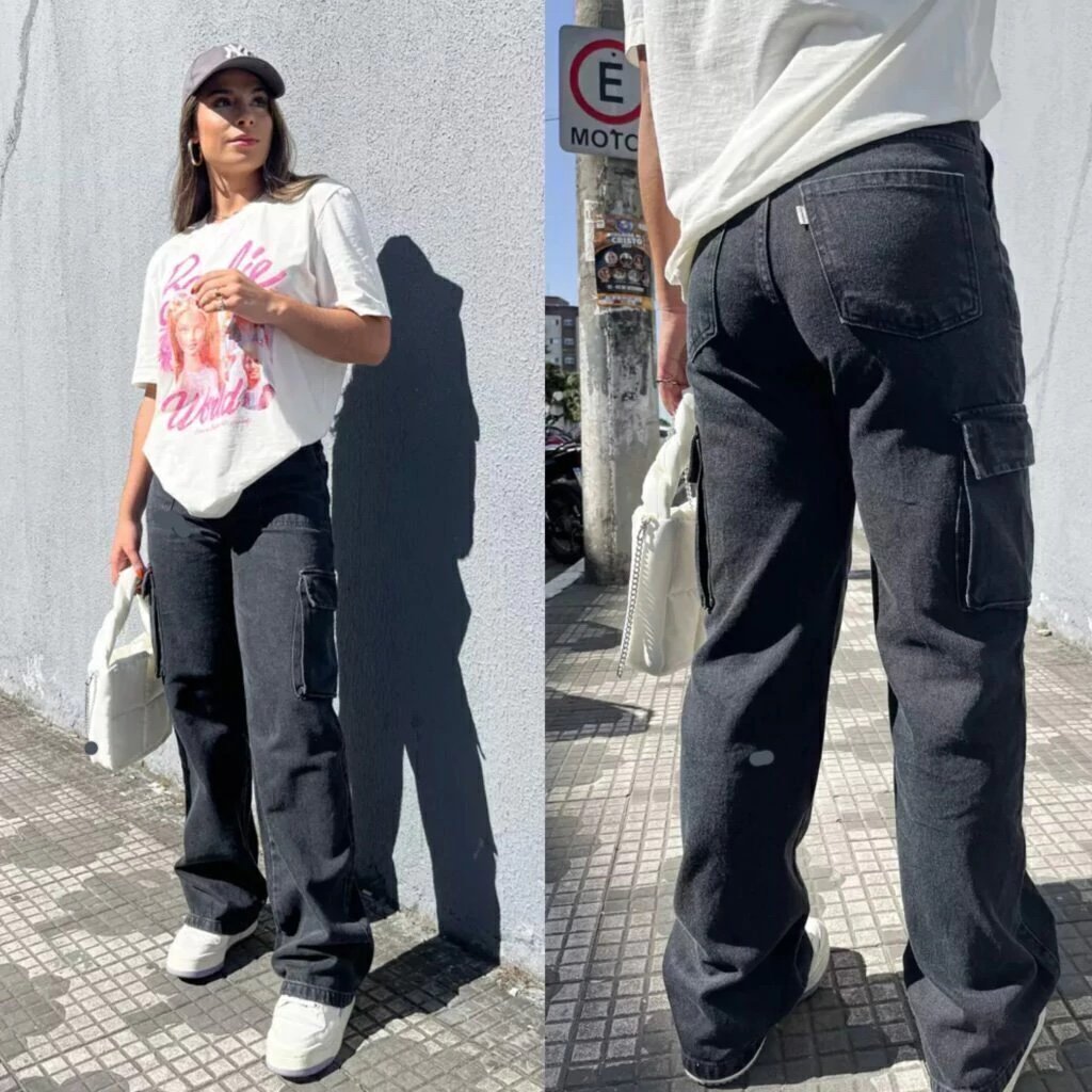1823 Calça pantalona wide leg cargo jeans - Imagem 5