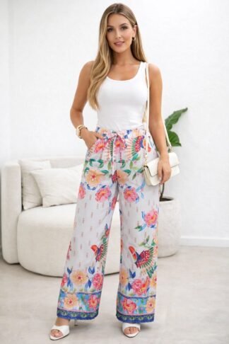 2479 Calça pantalona elástico estampada estilo Farm