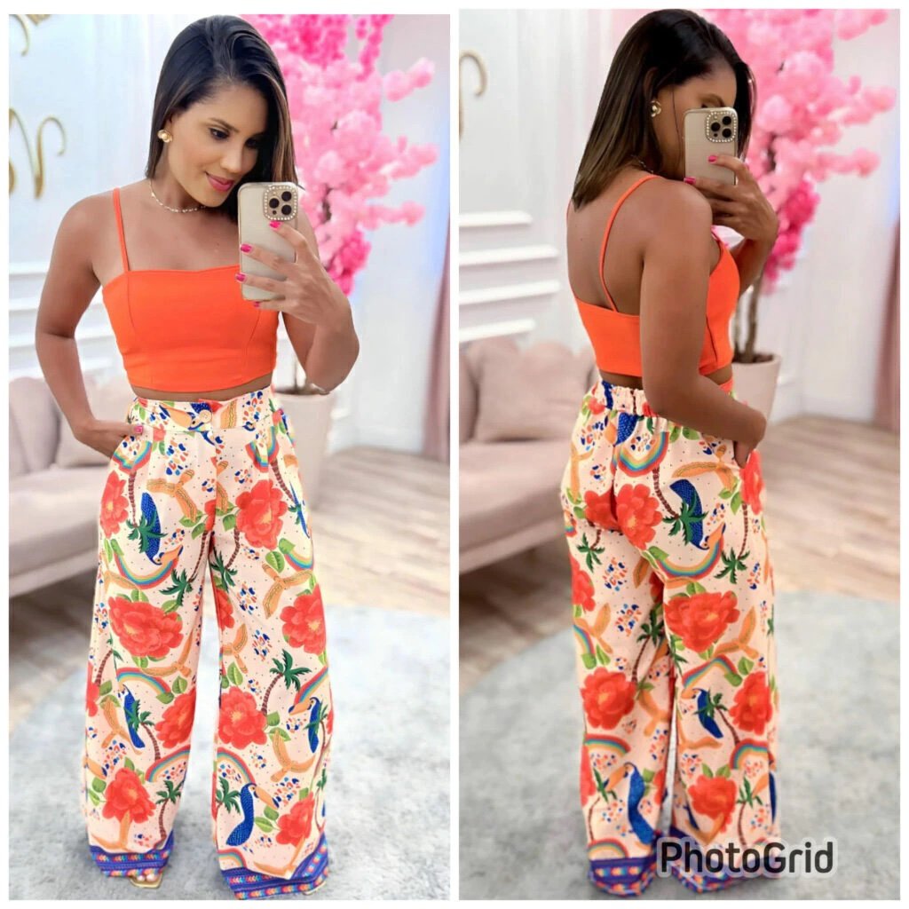 2519 Calça wide leg pantalona botão estampada estilo Farm - Imagem 2