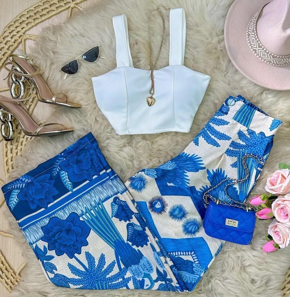 2519 Calça wide leg pantalona botão estampada estilo Farm - Imagem 3