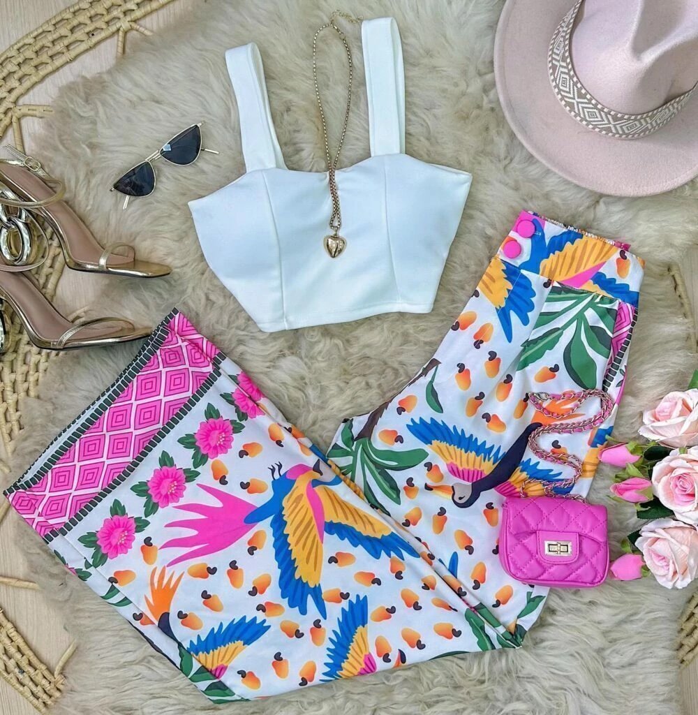 2519 Calça wide leg pantalona botão estampada estilo Farm - Imagem 6