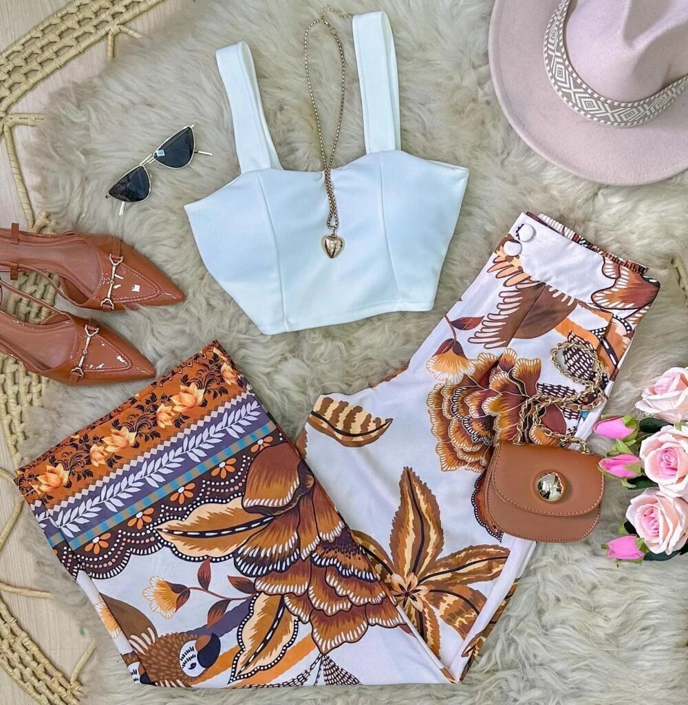 2519 Calça wide leg pantalona botão estampada estilo Farm - Imagem 7