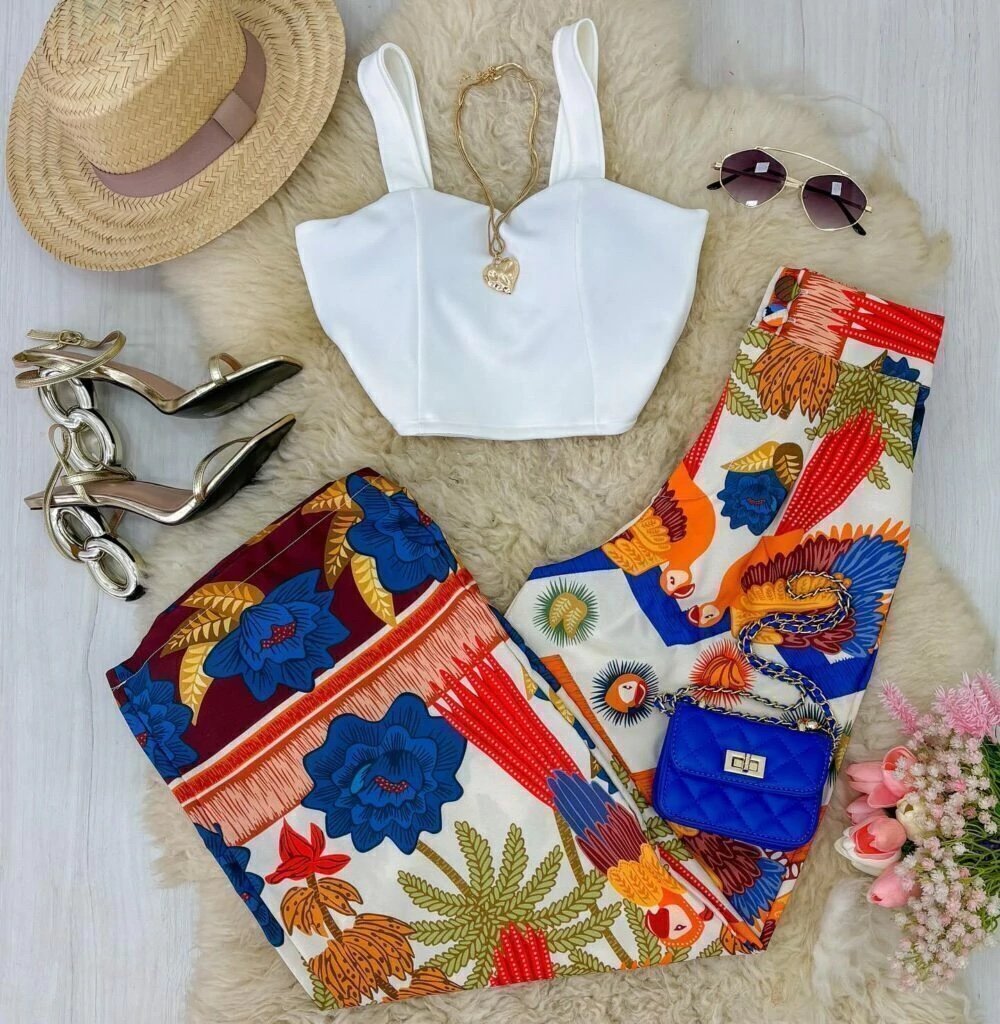 2519 Calça wide leg pantalona botão estampada estilo Farm - Imagem 8