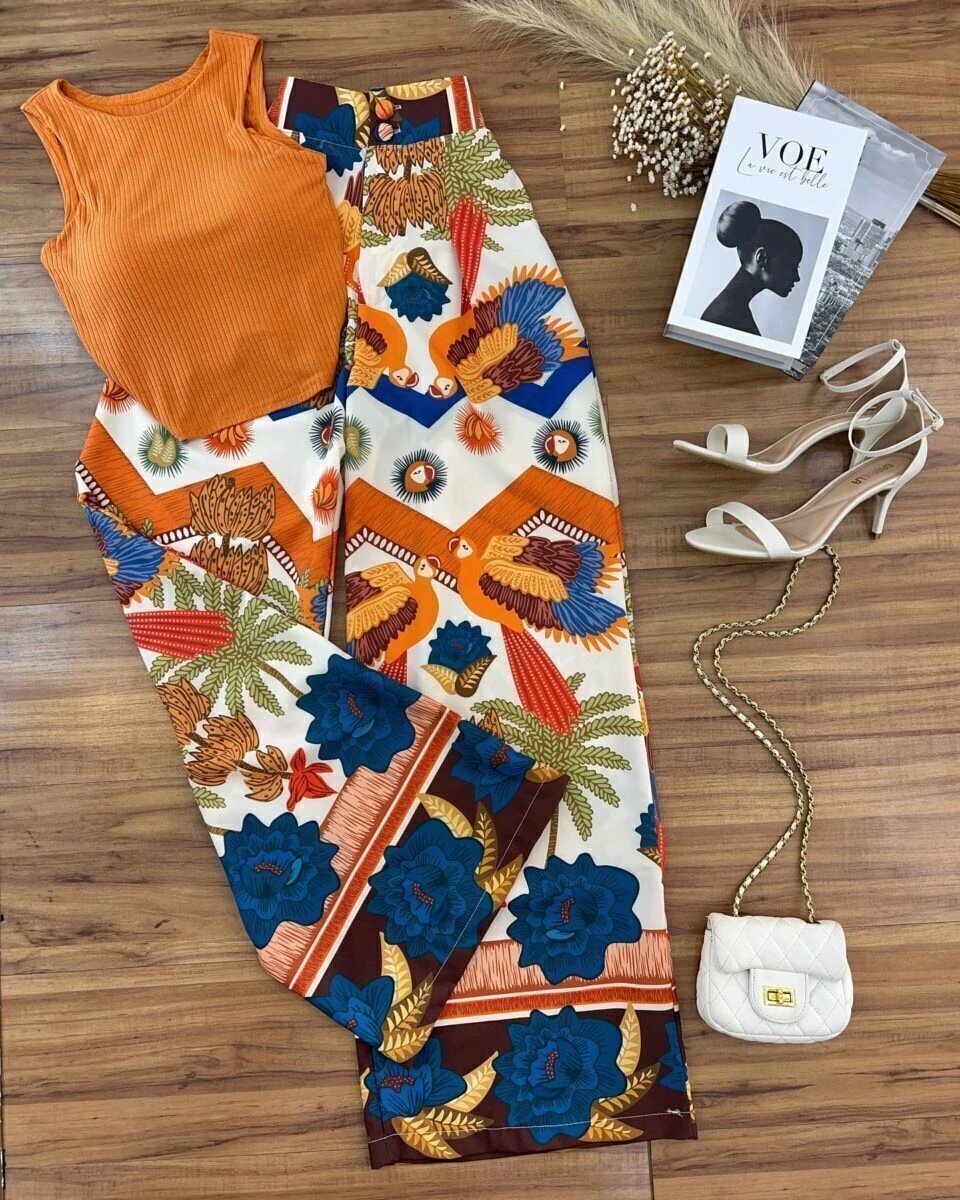 2519 Calça wide leg pantalona botão estampada estilo Farm - Imagem 10