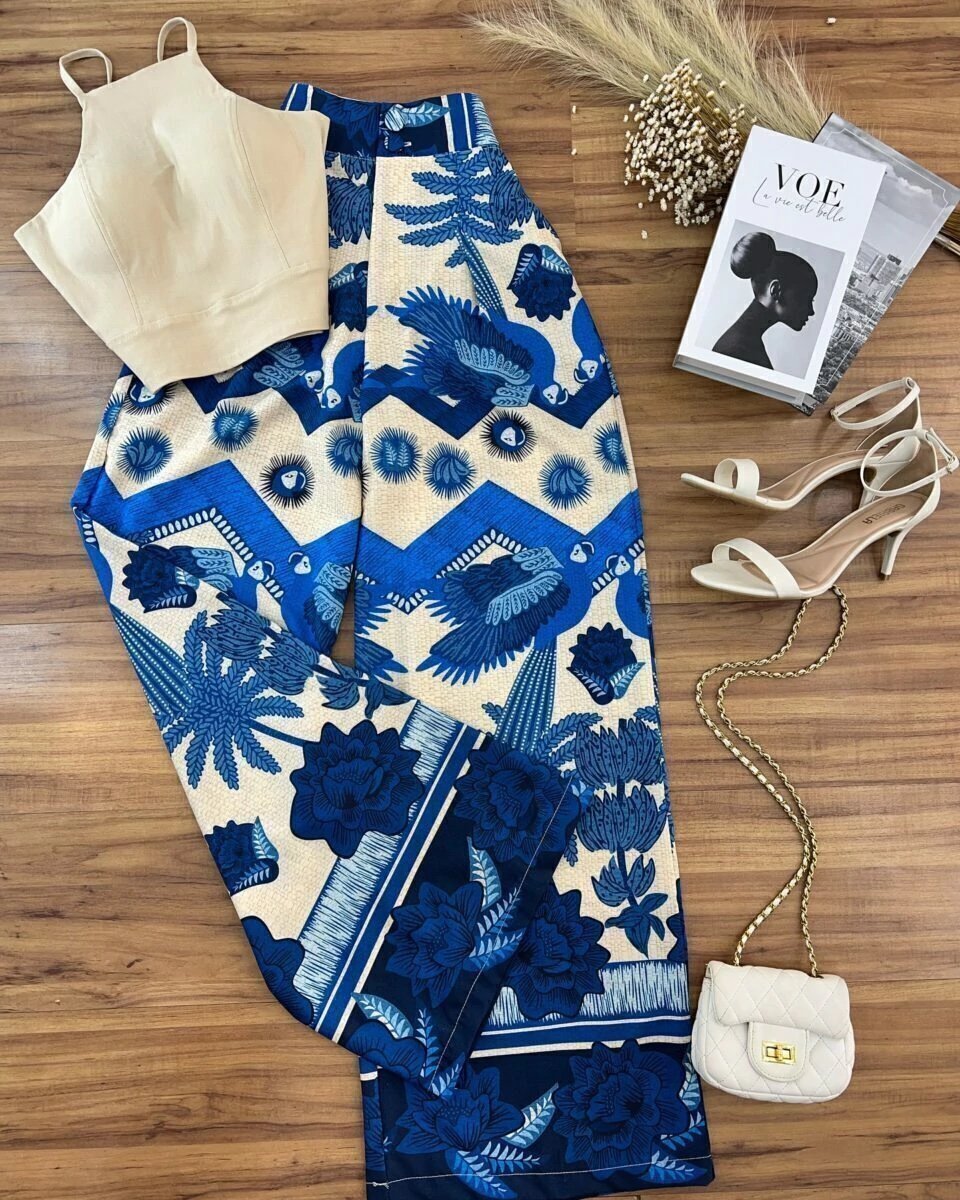 2519 Calça wide leg pantalona botão estampada estilo Farm - Imagem 11
