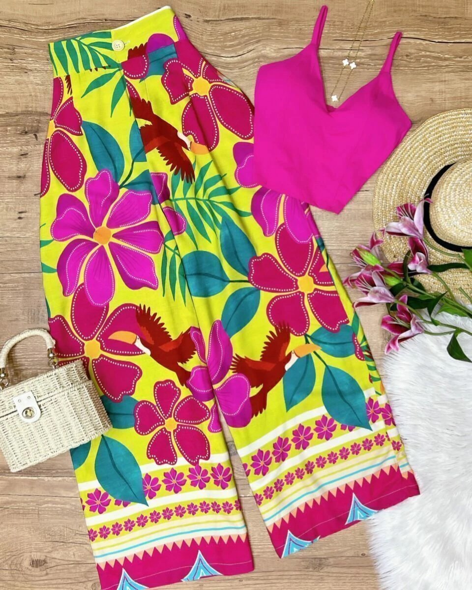 2519 Calça wide leg pantalona botão estampada estilo Farm - Imagem 12