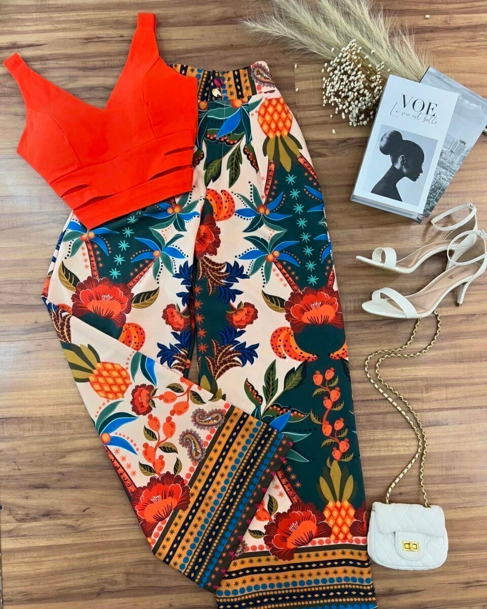 2519 Calça wide leg pantalona botão estampada estilo Farm - Imagem 13