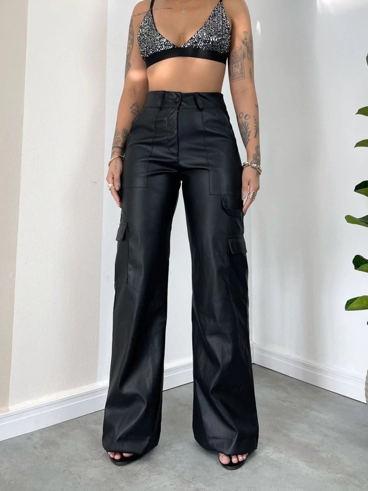 2311 Calça Leia wide leg pantalona lisa cargo courino - Imagem 2