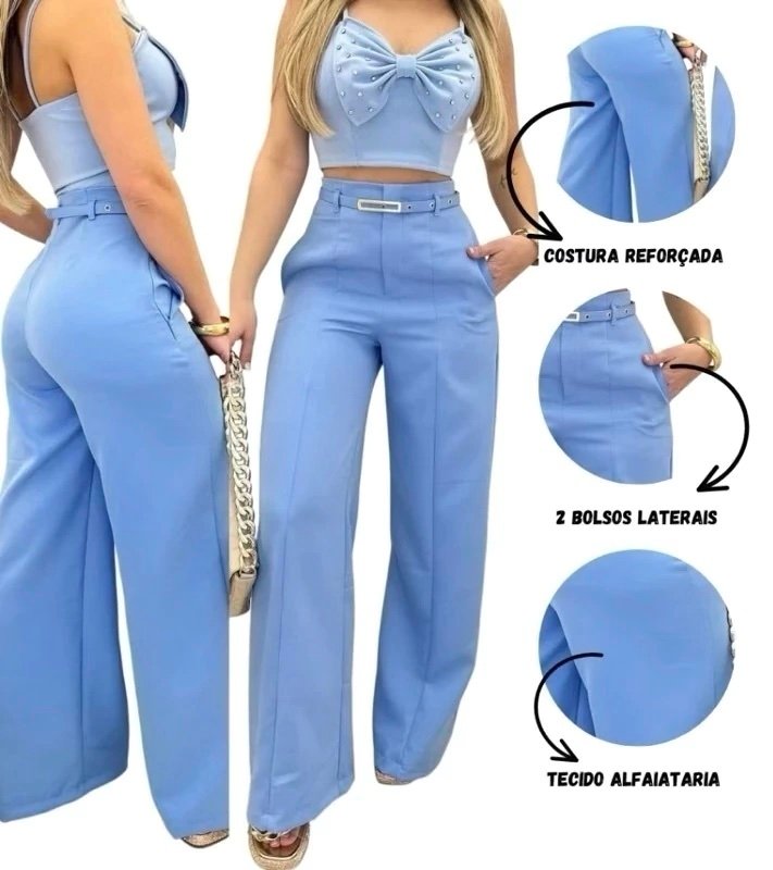 2452 Calça estilo Zara skinny e wide leg pantalona cinto encapado - Imagem 2