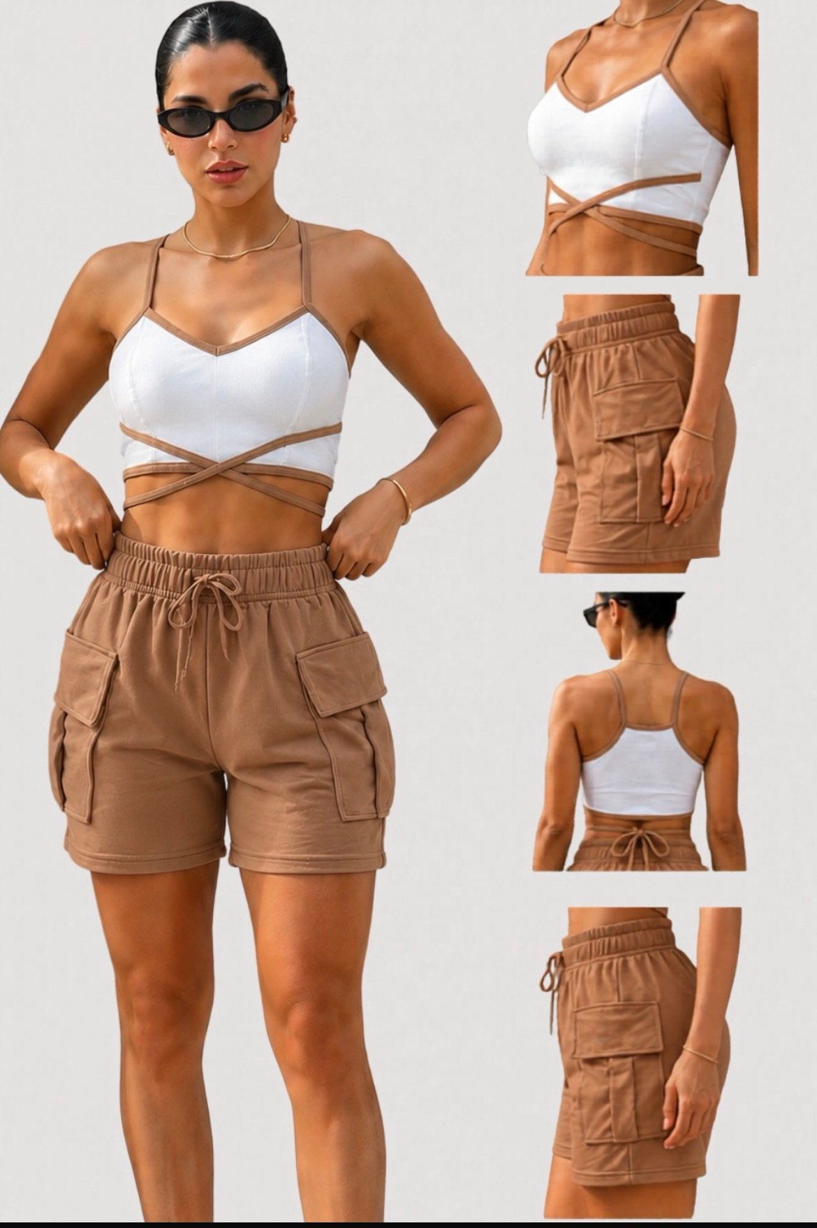 2028 Conjunto Herma cropped amarração bicolor e shorts liso cargo moletom - Imagem 7