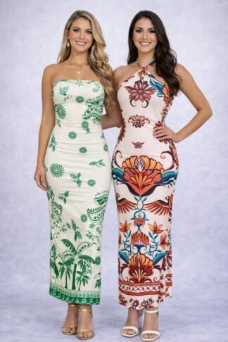 2128 Vestido midi frente única tomara que caia estampado Farm