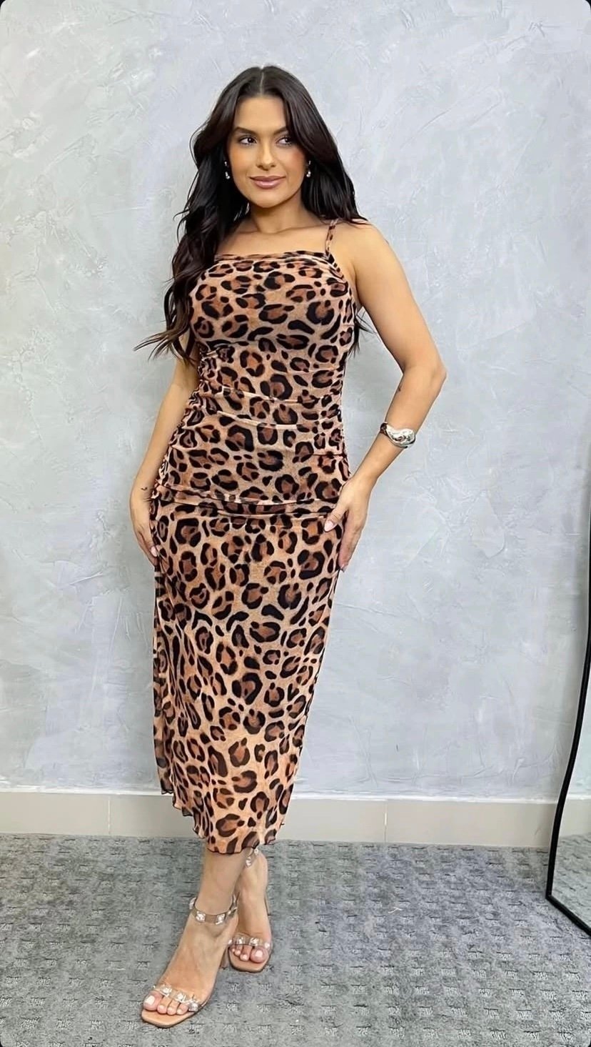 2707 Vestido Isabi midi alça fina tule estampado animal print - Imagem 3