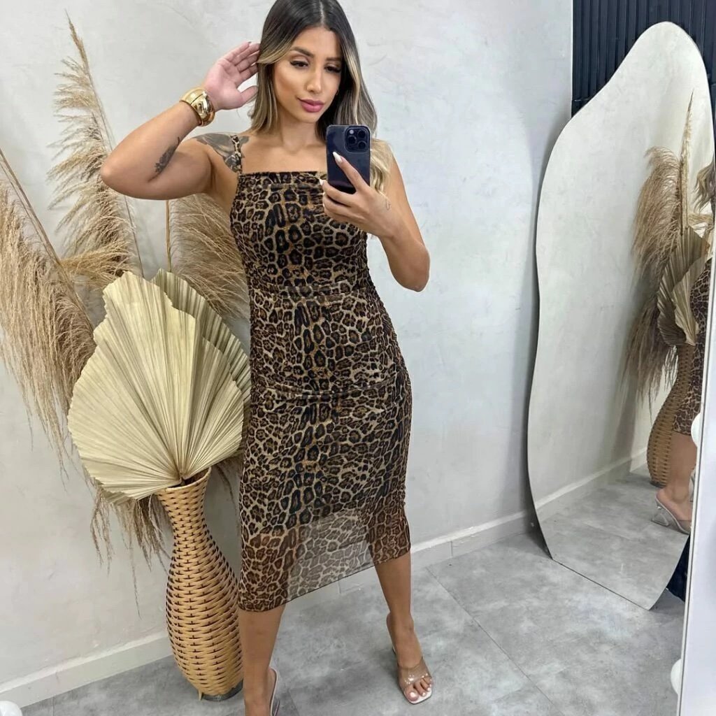 2707 Vestido Isabi midi alça fina tule estampado animal print - Imagem 7
