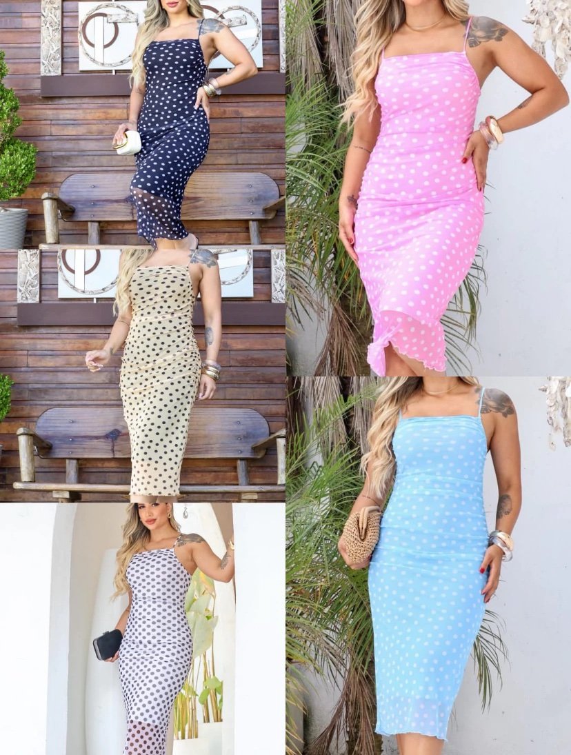 2707 Vestido Isabi midi alça fina tule estampado poá - Imagem 5